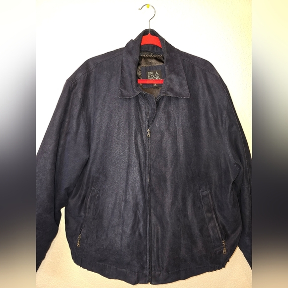 Jos A Bank Soft Sueded Bomber Jacket Sz L Navy Blue Zip Out Lining 5 pockets - Picture 1 of 8